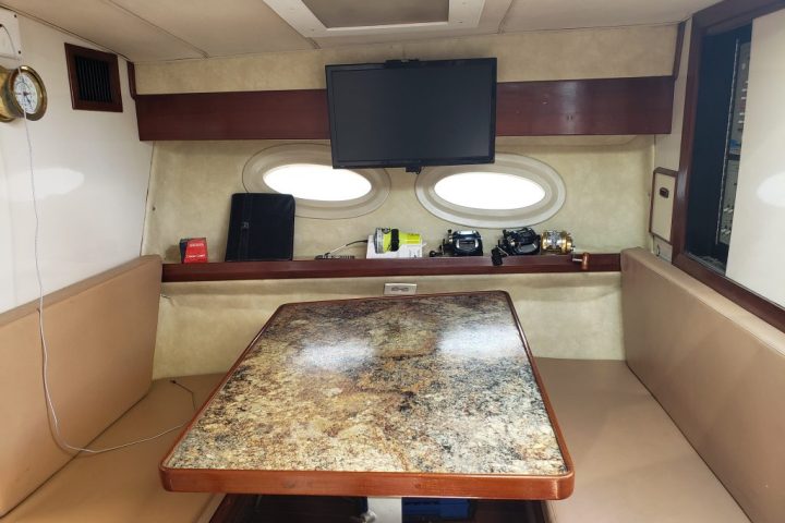 a kitchen with a table in a room