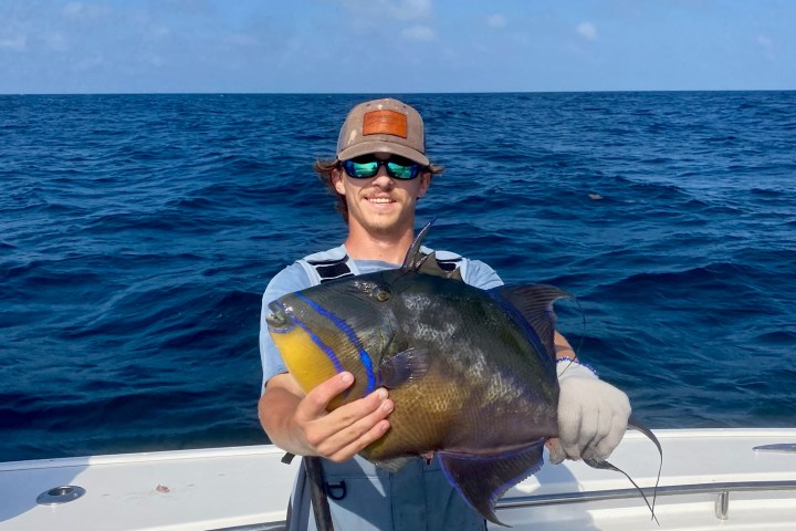 a man holding a fish in the water