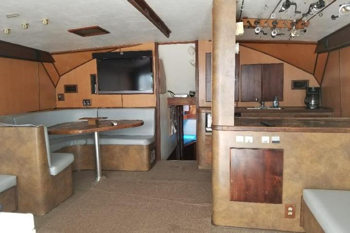 a room filled with furniture and a stove