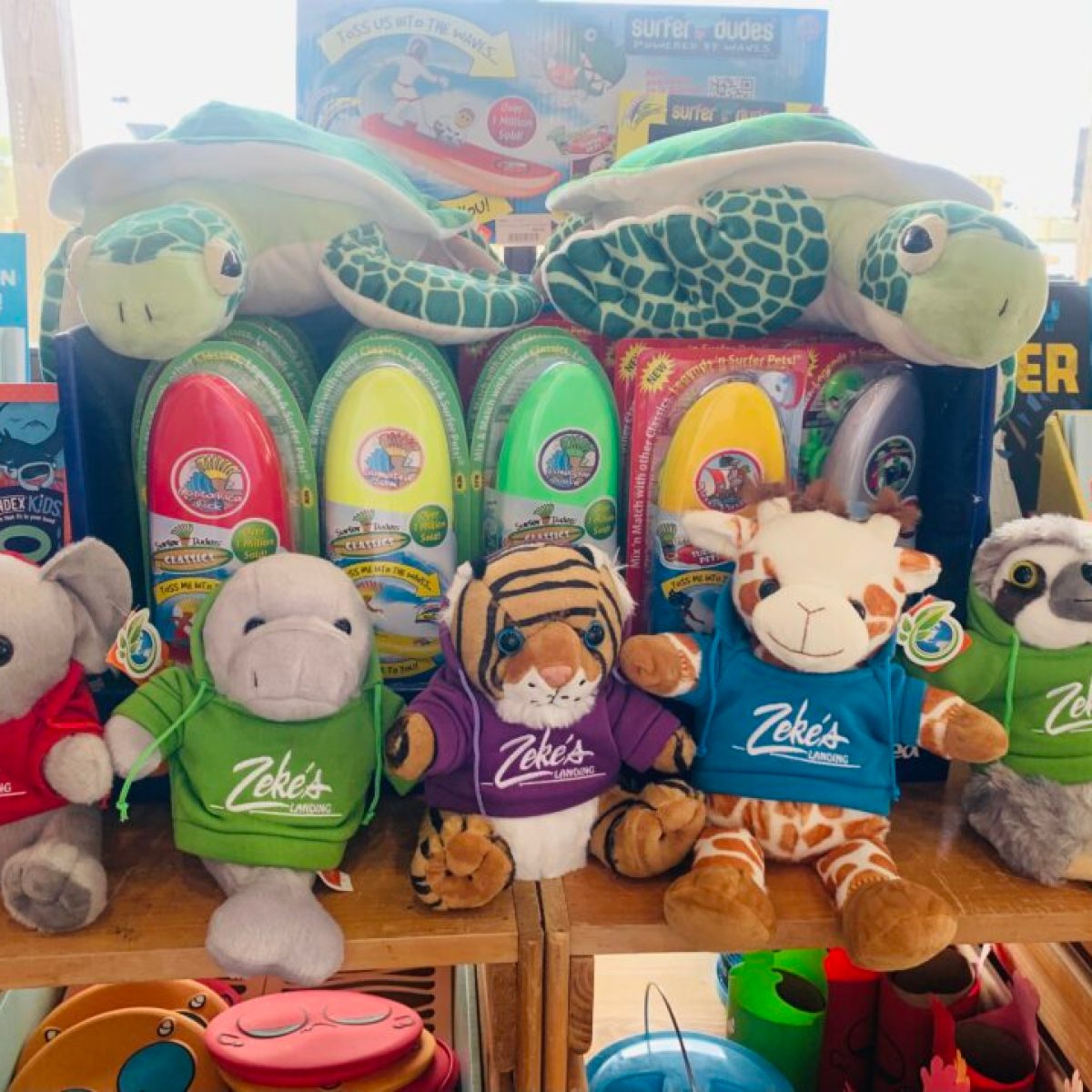 a group of stuffed animals on display