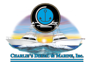Two yachts on water with sunburst and anchor logo, caption: Charlie's Diesel & Marine, Inc.