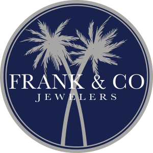 Logo with two palm trees and text 'Frank & Co Jewelers' on a navy background.