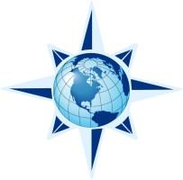 Globe with blue compass rose behind, showing North America and grid lines.