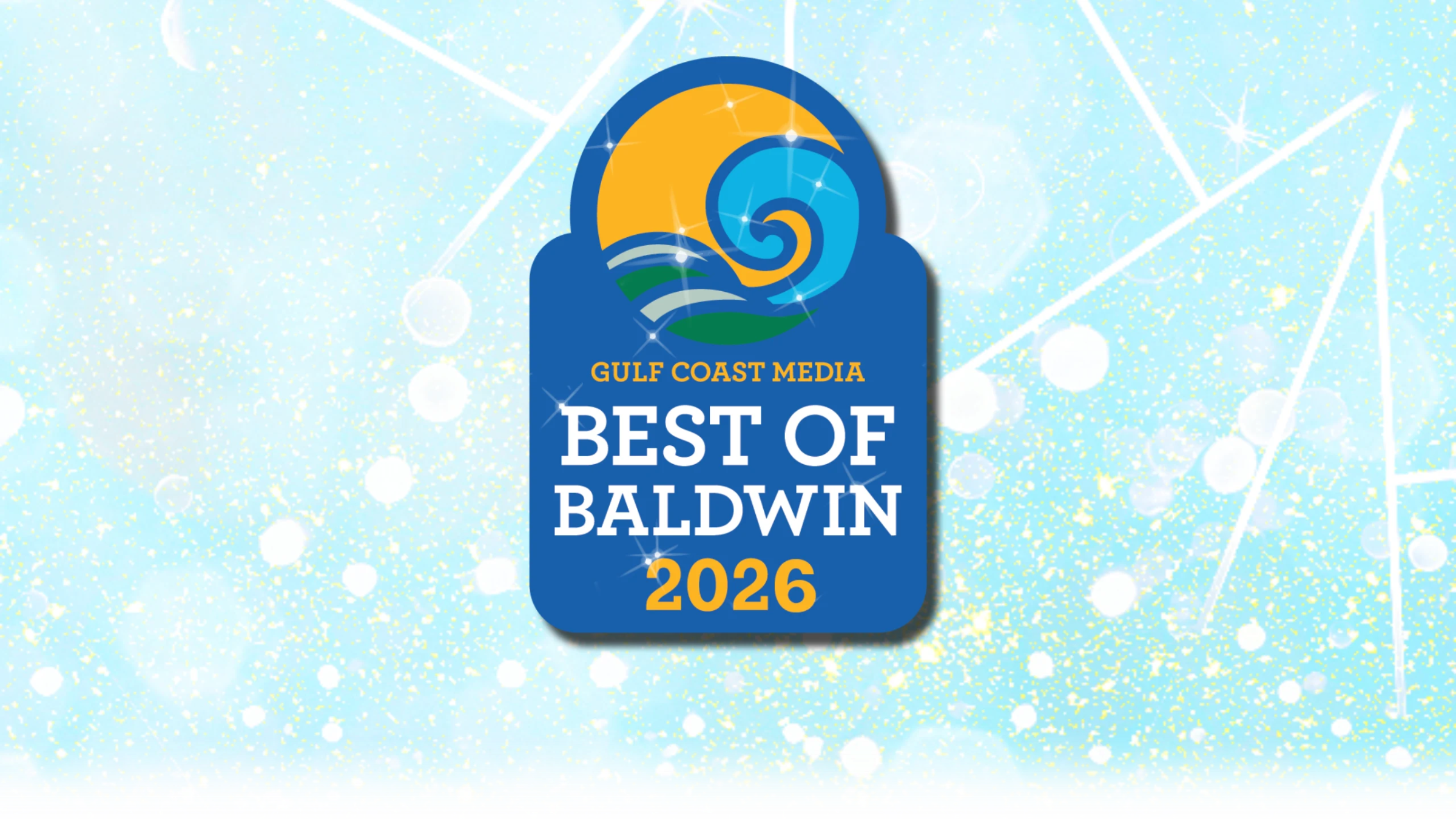 Badge with 'Gulf Coast Media Best of Baldwin 2026' on a sparkly blue background.