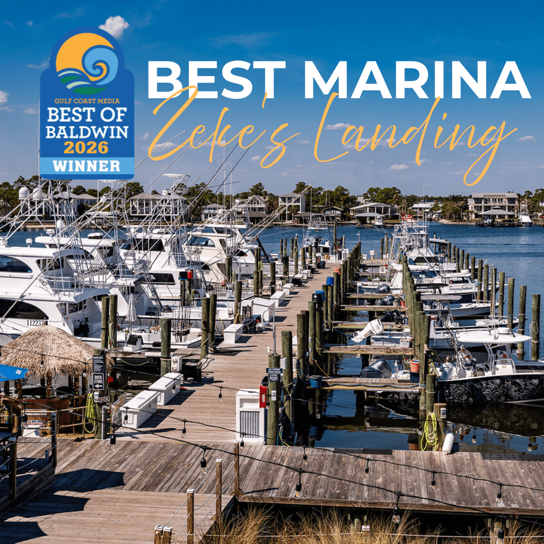 Docked boats at Zeke's Landing Marina awarded Best Marina by Gulf Coast Media 2026.