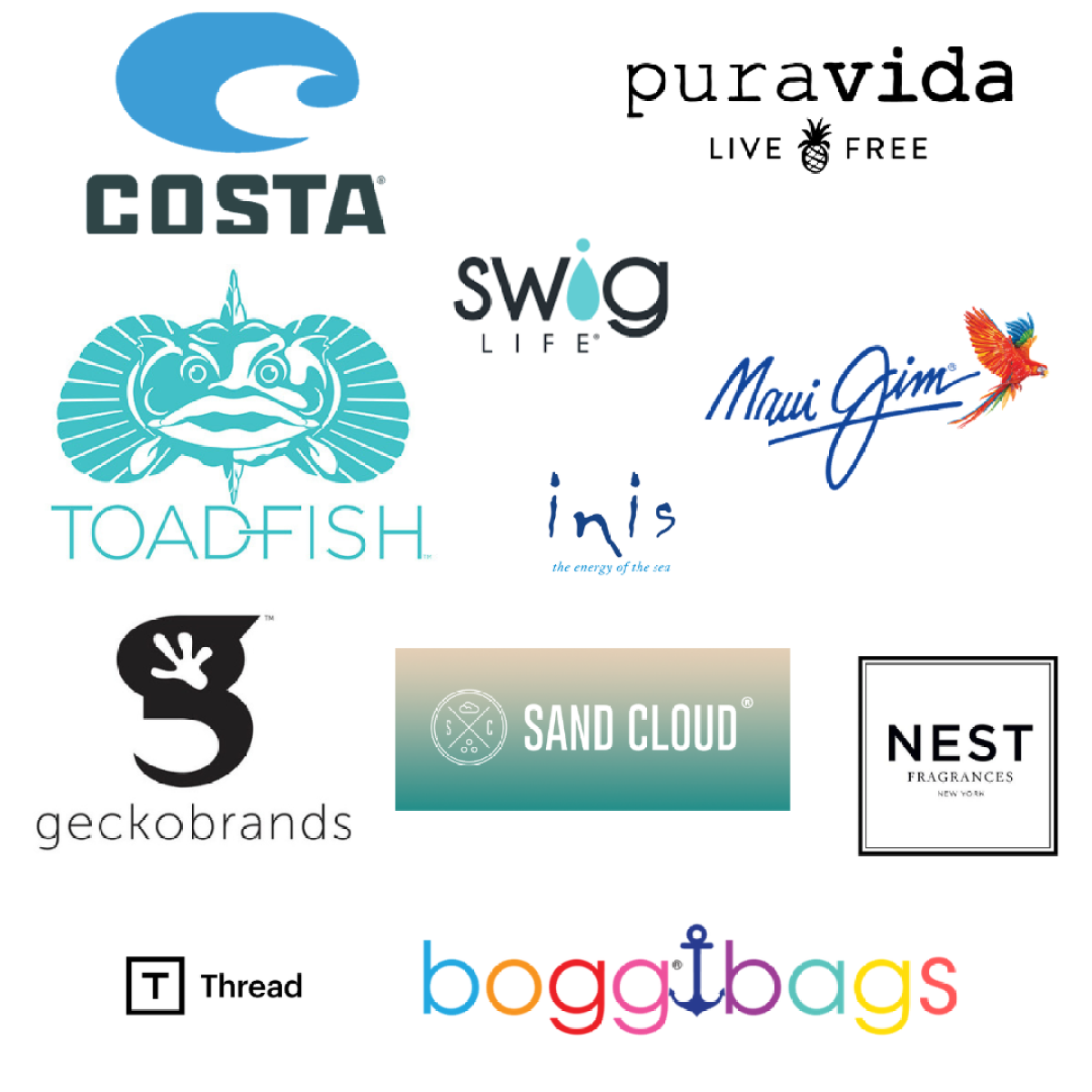 Various brand logos including Costa, puravida, Swig, and Toadfish on a white background.