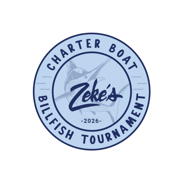 Circular logo for Zeke's Charter Boat Billfish Tournament with marlin illustration.