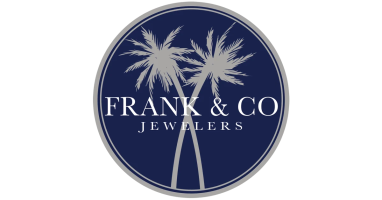 Logo with palm trees and text 'FRANK & CO JEWELERS' on a navy circle.